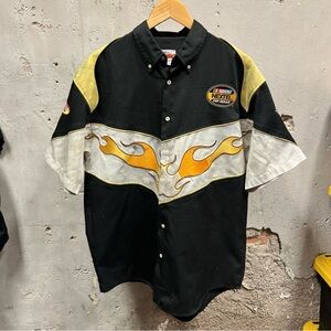 NASCAR Vintage Y2K Flame Embroidered Button Down Racing Mechanic Shirt XL 90s
